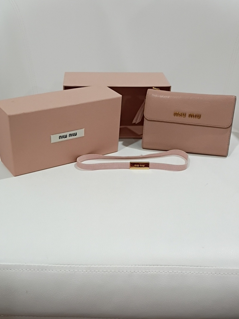 Miu Miu Blush Pink Leather Wallet with Gold Logo With Box And Band
